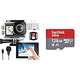 icefox Action Cam 4K Unterwasserkamera Wasserdicht 40M Ultra HD 20MP Kamera 170 Degree & SanDisk Ultra Android microSDXC UHS-I Speicherkarte 128 GB + Adapter