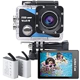 WiFi Action Cam FHD 1080P, Unterwasserkamera wasserdicht bis 30M, Actionkamera mit 2×1050 mAh wiederaufladbare Akkus und Zubehör-Set