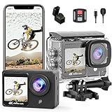 TIMNUT 4K Action Cam Touchscreen - Dual Screen 40M Unterwasserkamera 170°Weitwinkel Helmkamera 20MP Wasserdicht Actionkameras mit Fernbedienung, 2 Akkus und Zubehör Kit