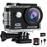 4K Action Cam mit 64G SD Card, 40M Unterwasserkamera WiFi 170° Helmkamera HD 20MP Wasserdicht Actionkameras EIS mit 2.4G Fernbedienung 2* Akkus Helmhalterung Zubehör Kits