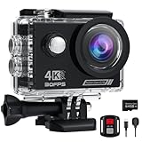 4K Action Cam mit 64G SD Card, 40M Unterwasserkamera WiFi 170° Helmkamera HD 20MP Wasserdicht Actionkameras EIS mit 2.4G Fernbedienung 2* Akkus Helmhalterung Zubehör Kits