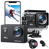 WOLFANG Action Cam GA100 Neu,4K 20MP, Unterwasserkamera WiFi 40M wasserdichte,EIS Bildstabilisator,Helmkamera,170° Weitwinkel,Camcorder,Externem Mikrofon, 2.4G Fernbedienung, 2 Akkus und Zubehör Kit