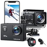 WOLFANG Action Cam GA100 Neu,4K 20MP, Unterwasserkamera WiFi 40M wasserdichte,EIS Bildstabilisator,Helmkamera,170° Weitwinkel,Camcorder,Externem Mikrofon, 2.4G Fernbedienung, 2 Akkus und Zubehör Kit