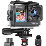 Surfola Action Cam 4K 60FPS Unterwasserkamera, WiFi, 40M wasserdichte Kamera, 170° Einstellbarer Weitwinkel, EIS Helmkamera, Dual-Screen-Camcorder mit kabellosem Mikrofon und 2 Batterien